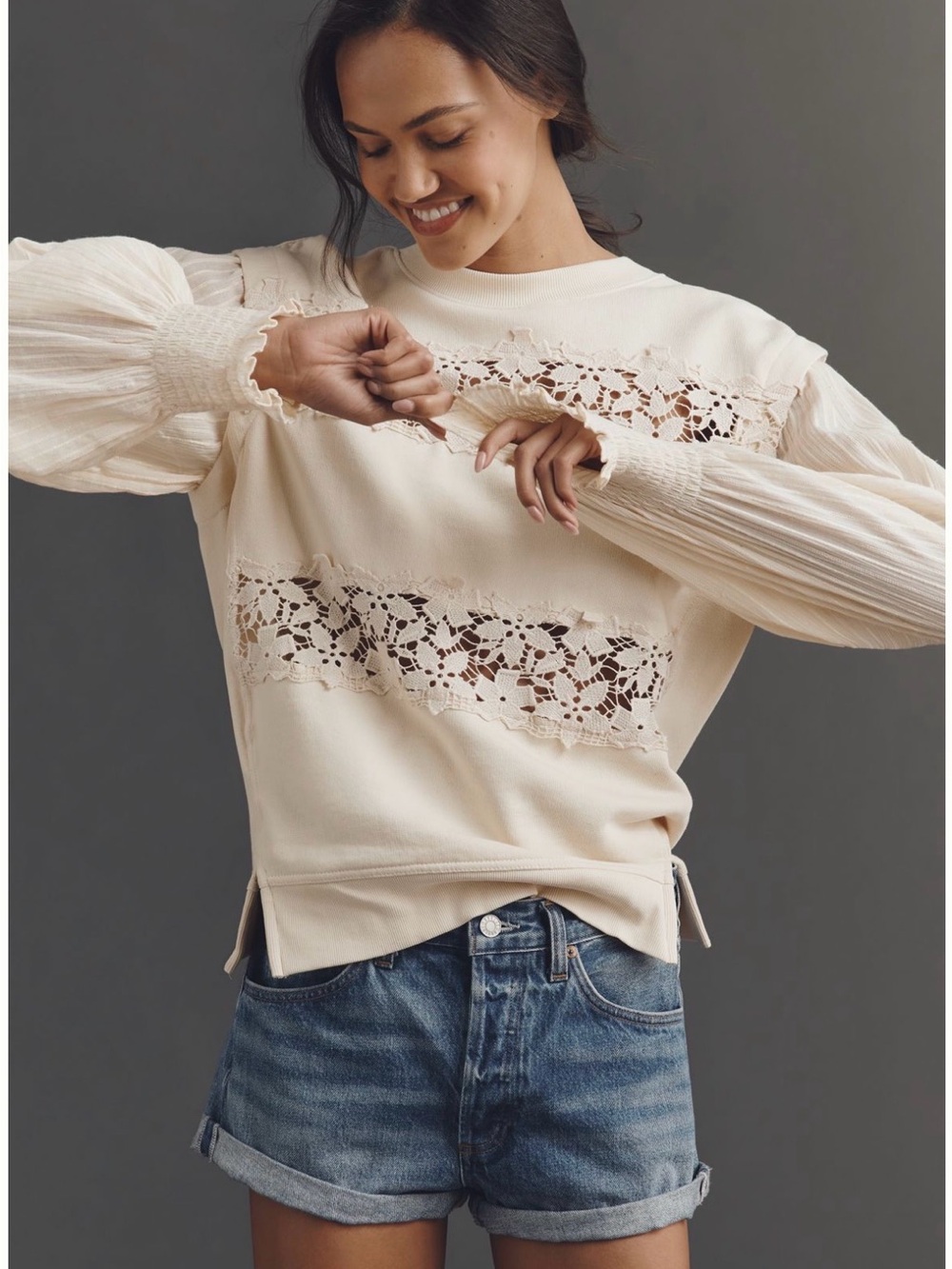 NWT Anthropologie Women's Cream Lace-Inset Long Sleeve Top M